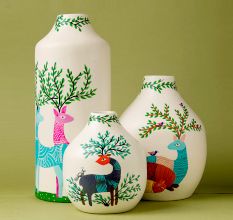 Handcrafted Ceramic Gond Art Deer Family Decorative Vase Set of 3